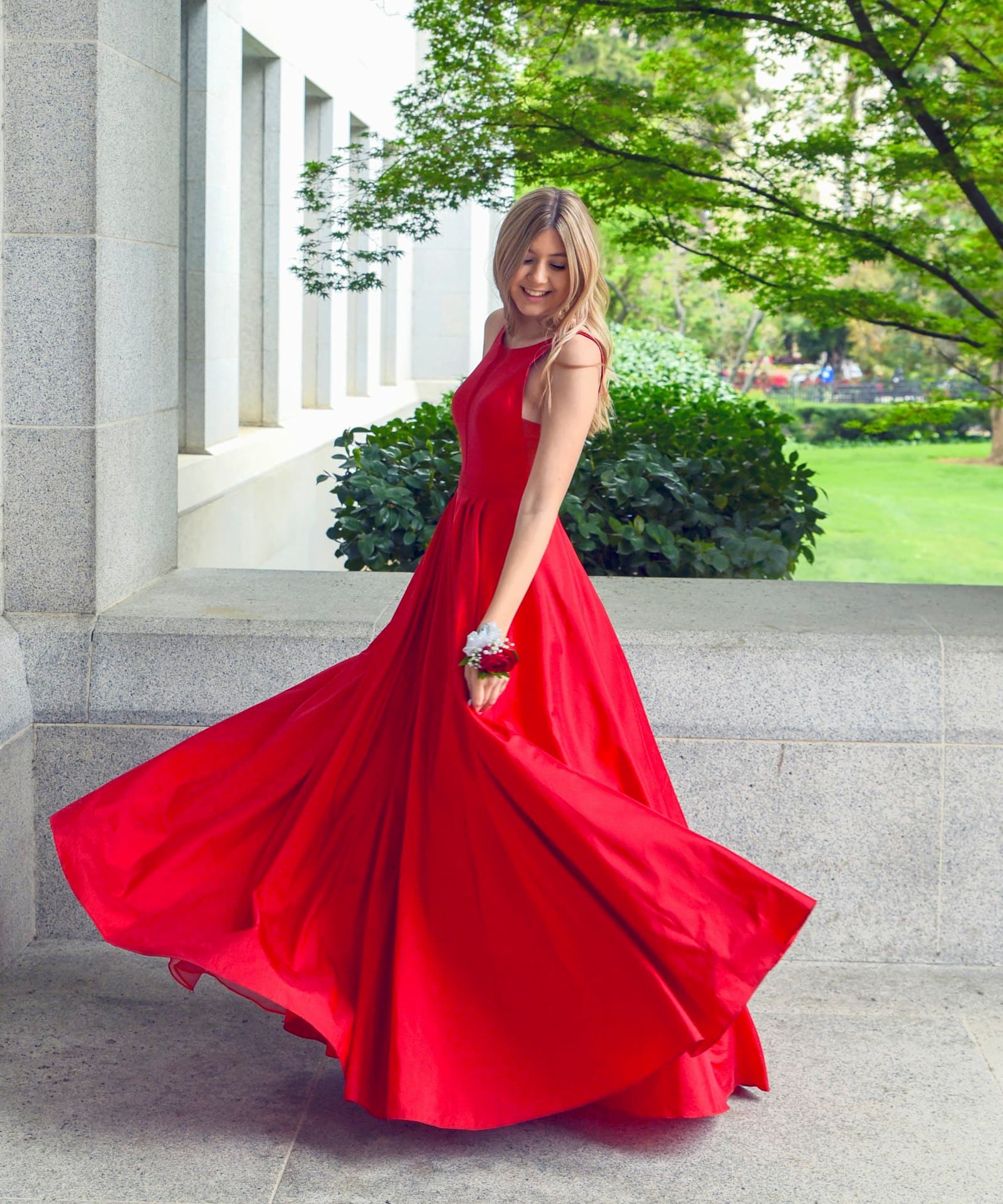Woman in a flowing evening dress